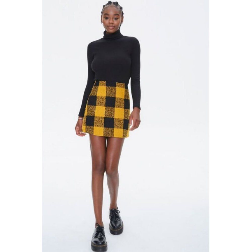 NWT | Forever 21 | Tweed Buffalo Plaid Mini Skirt | Black and Yellow | Large